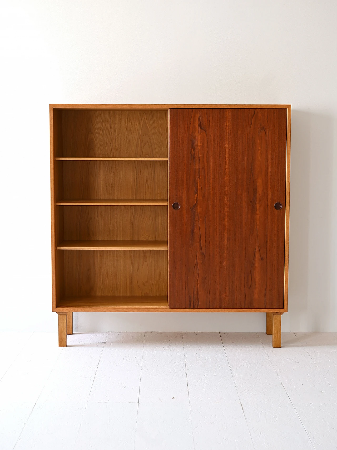 Scandinavian oak bookcase with sliding teak doors, 1960s 3