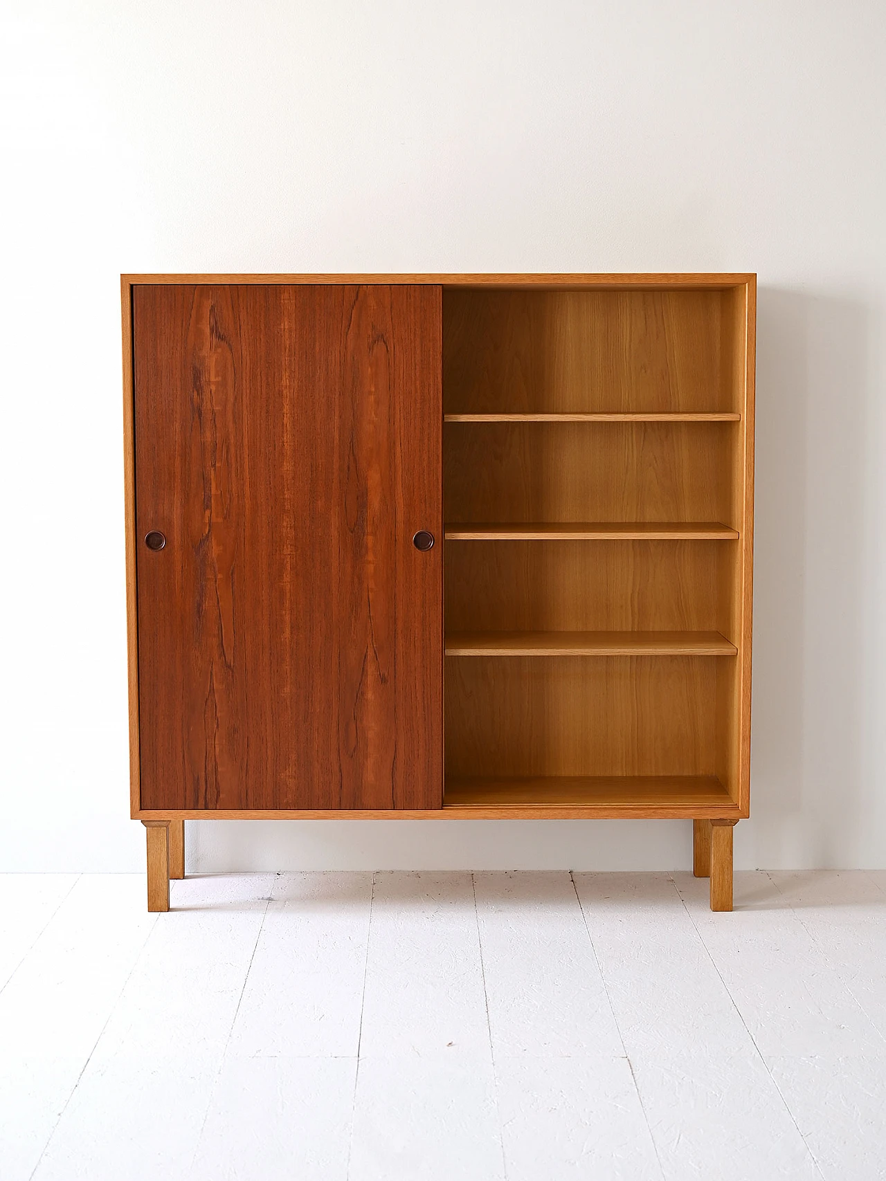 Scandinavian oak bookcase with sliding teak doors, 1960s 4