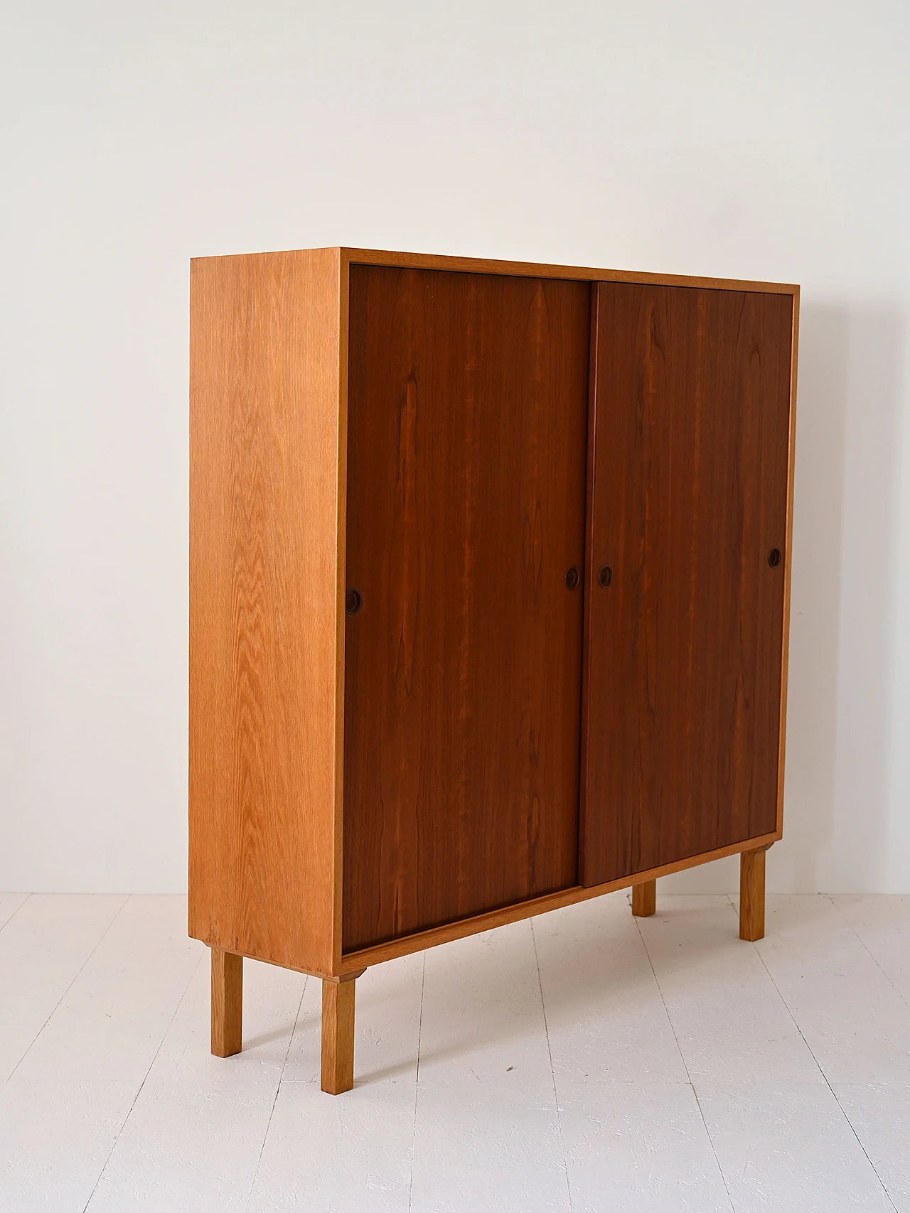 Scandinavian oak bookcase with sliding teak doors, 1960s 5