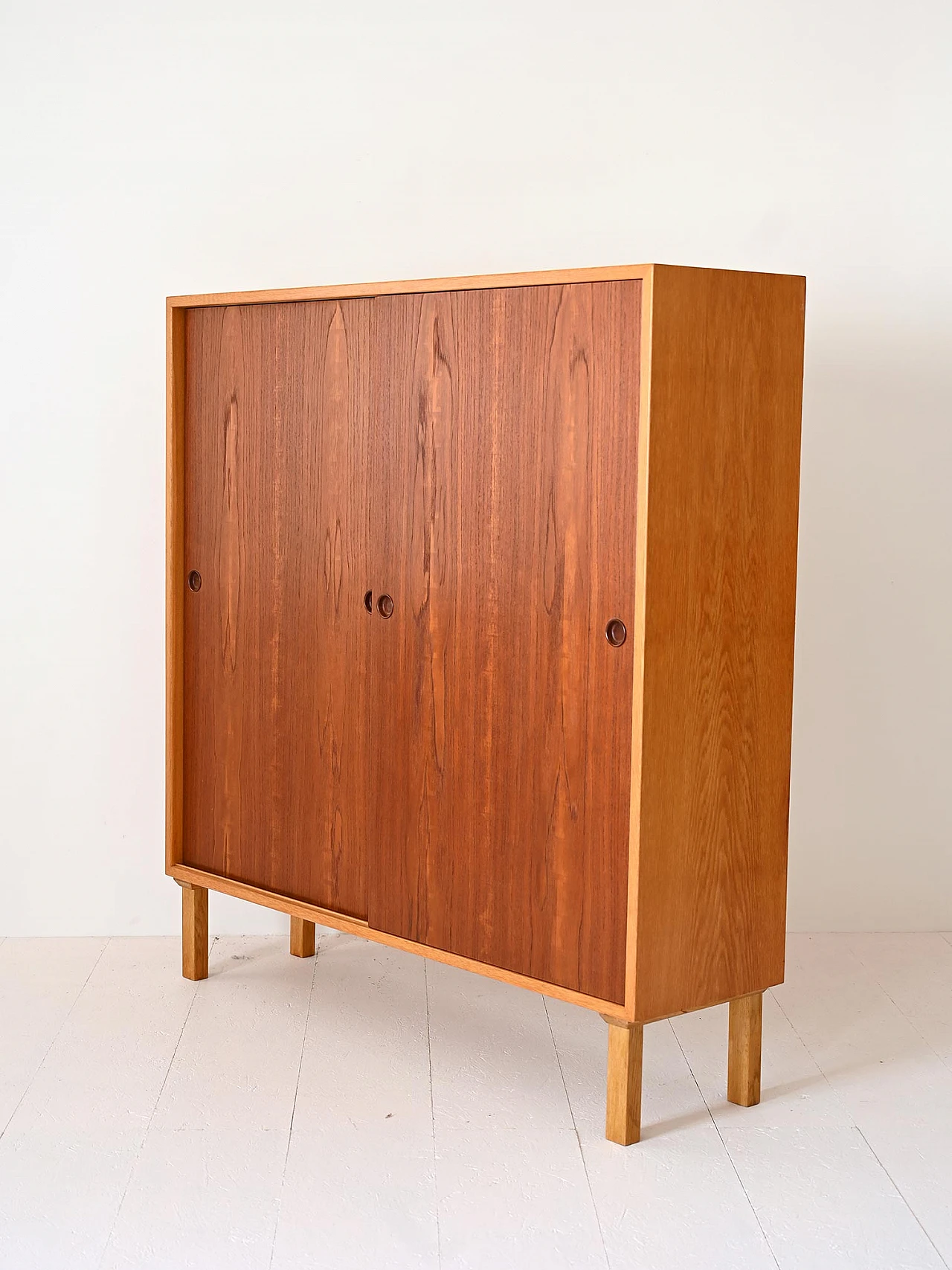 Scandinavian oak bookcase with sliding teak doors, 1960s 6