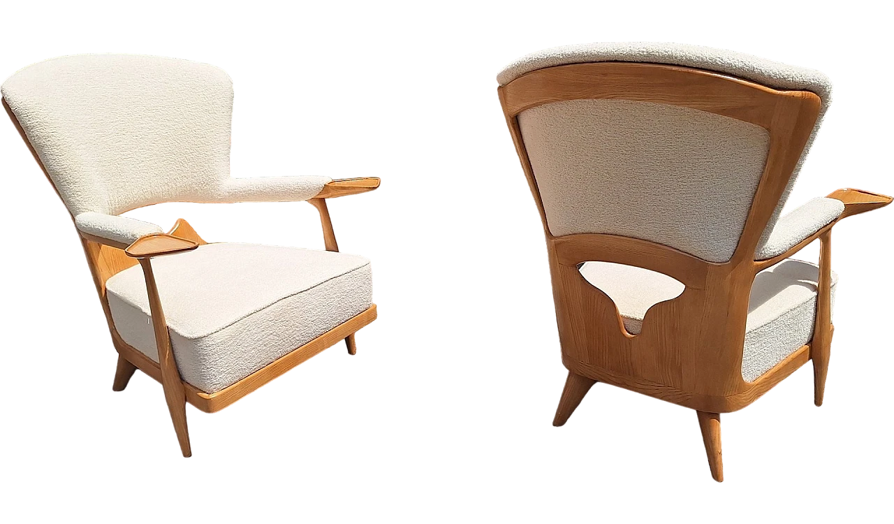 Pair of light wood and bouclé armchairs by Enrico Ciuti, 1950s 7