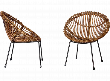 Pair of reed and wicker armchairs, 1970s