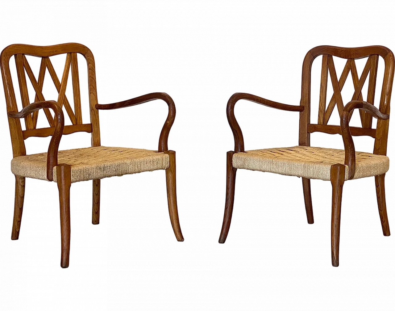 Pair of oak armchairs with straw seat, 1940s 19