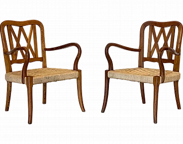 Pair of oak armchairs with straw seat, 1940s