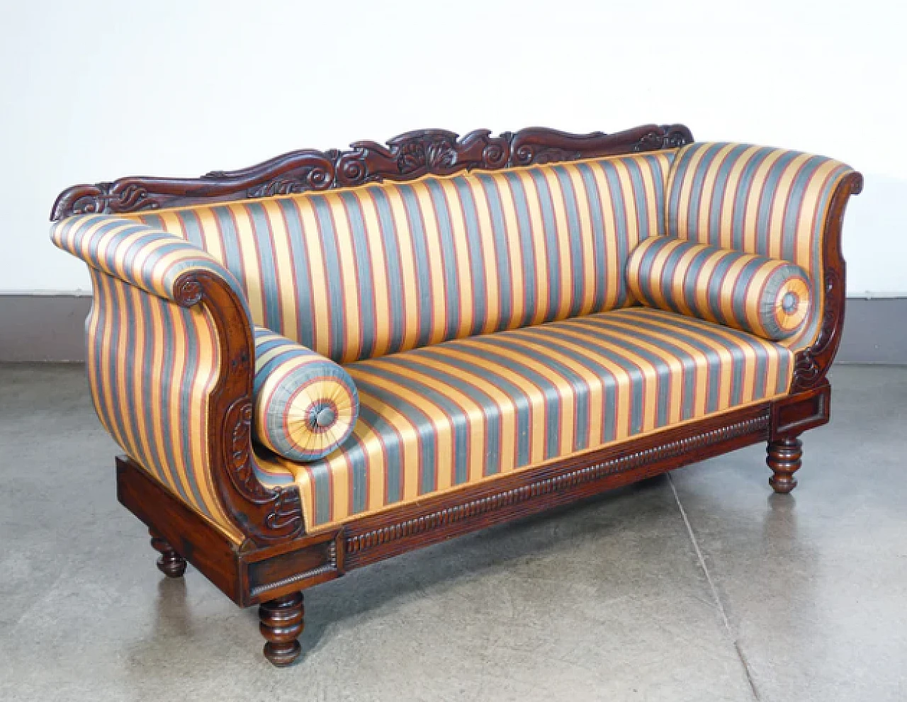 Charles X three-seater sofa in walnut and striped fabric, 19th century 1