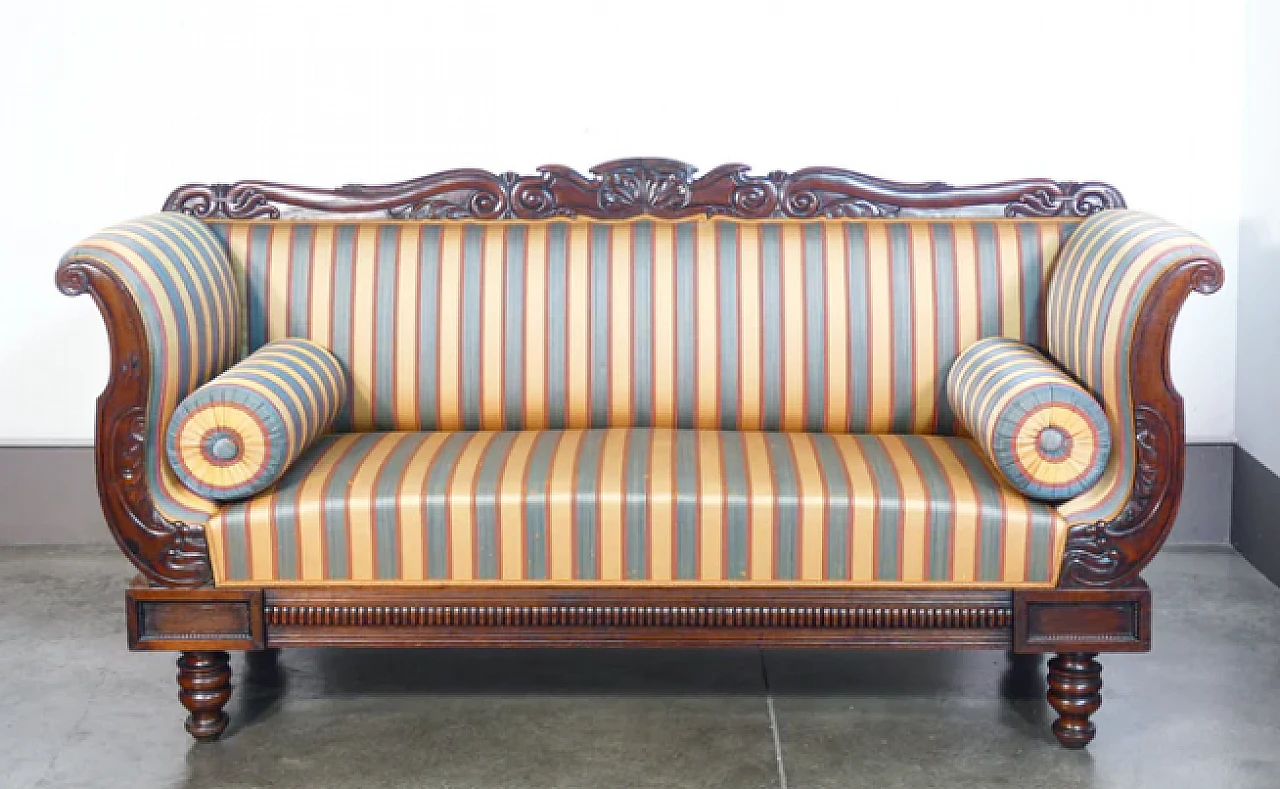 Charles X three-seater sofa in walnut and striped fabric, 19th century 2