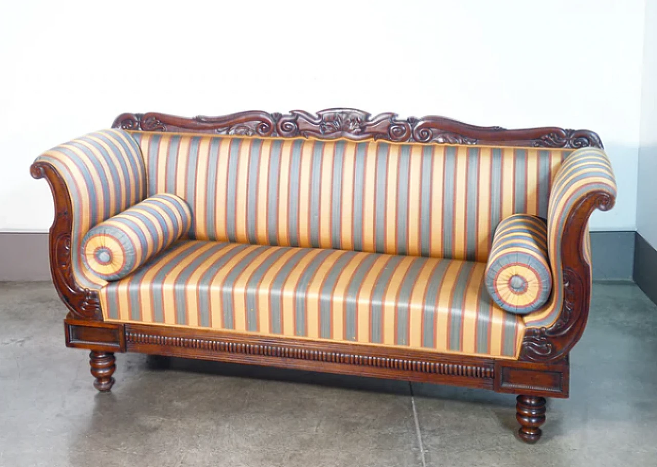 Charles X three-seater sofa in walnut and striped fabric, 19th century 3