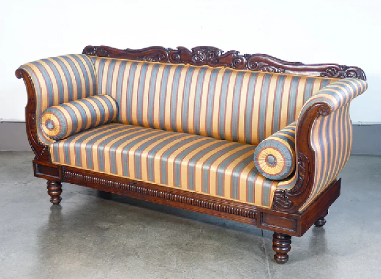 Charles X three-seater sofa in walnut and striped fabric, 19th century 4