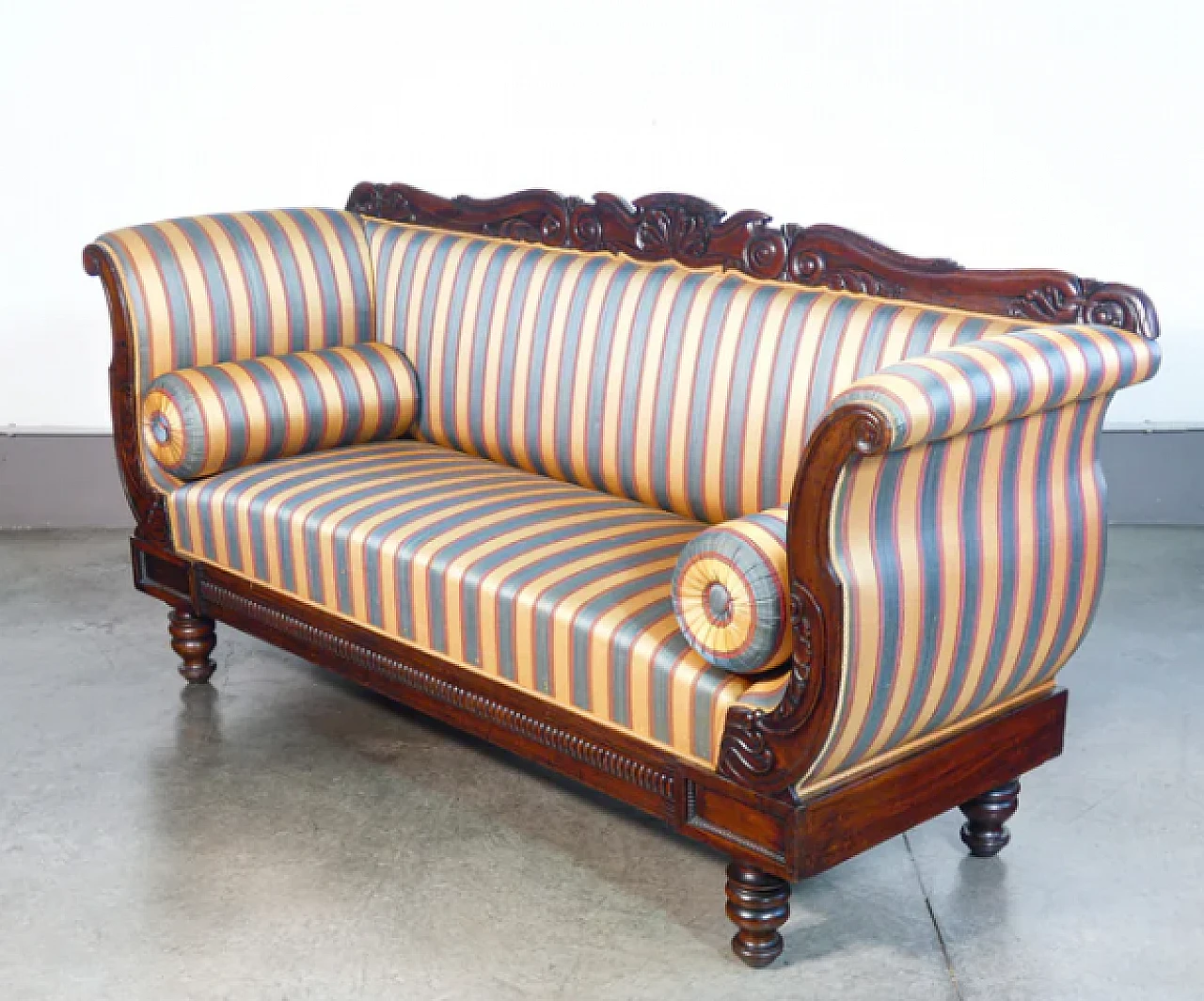 Charles X three-seater sofa in walnut and striped fabric, 19th century 5