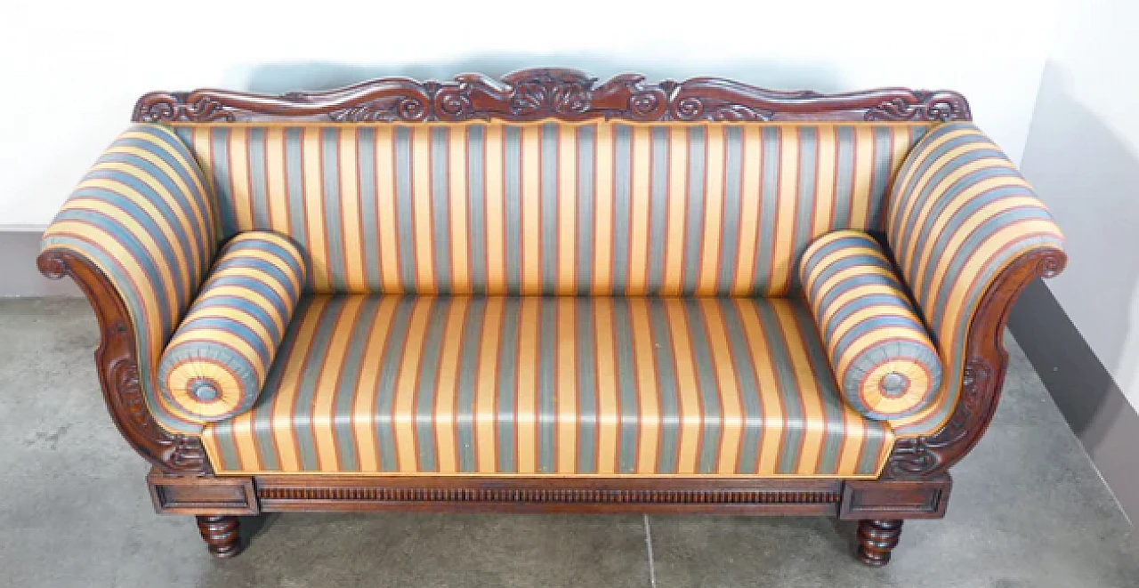 Charles X three-seater sofa in walnut and striped fabric, 19th century 6