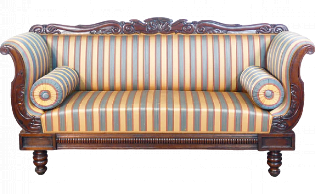 Charles X three-seater sofa in walnut and striped fabric, 19th century 11