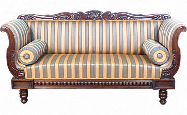 Charles X three-seater sofa in walnut and striped fabric, 19th century