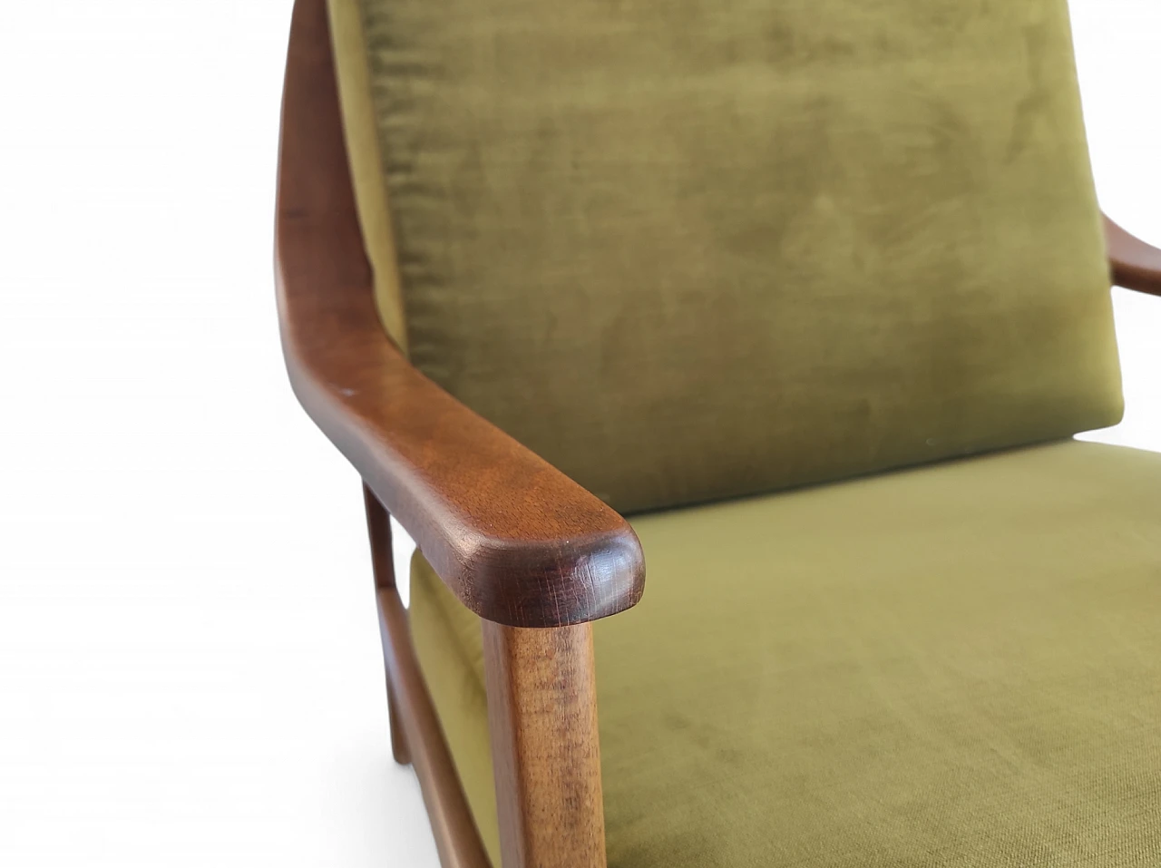 Wooden armchair with velvet and fabric cushions, 1960s 2