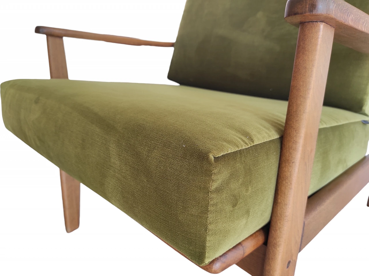 Wooden armchair with velvet and fabric cushions, 1960s 4