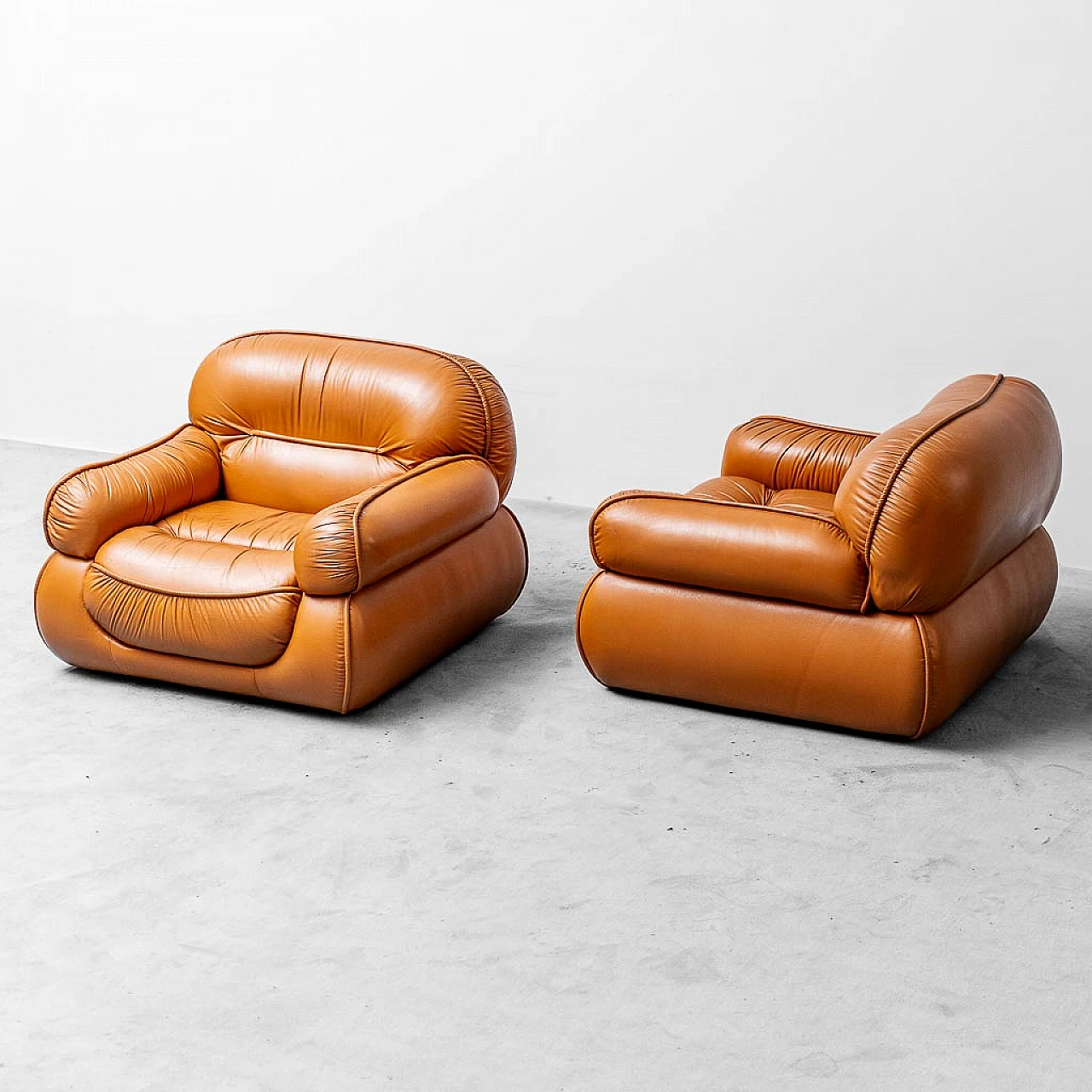 Pair of brown leather armchairs, 1970s 1