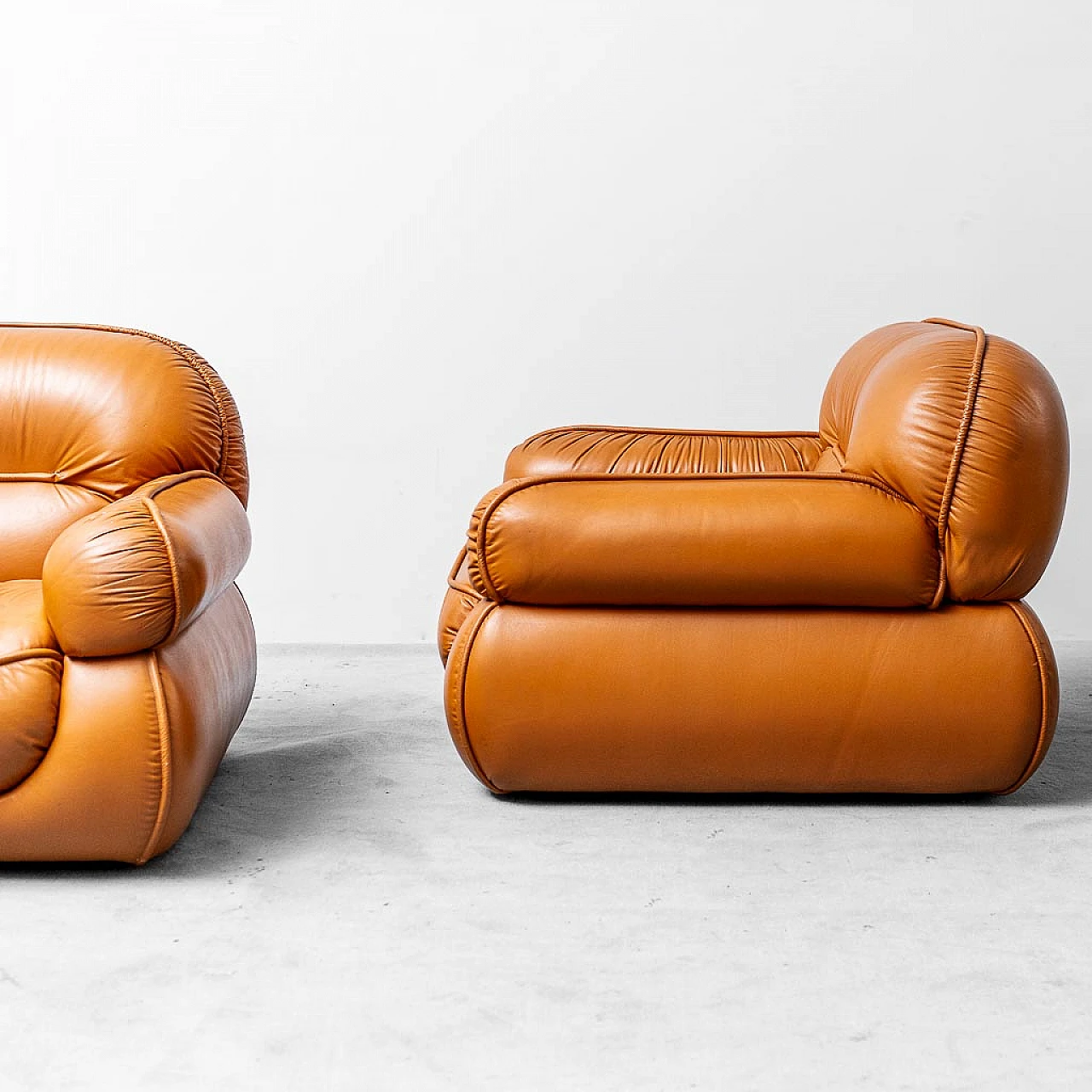 Pair of brown leather armchairs, 1970s 2