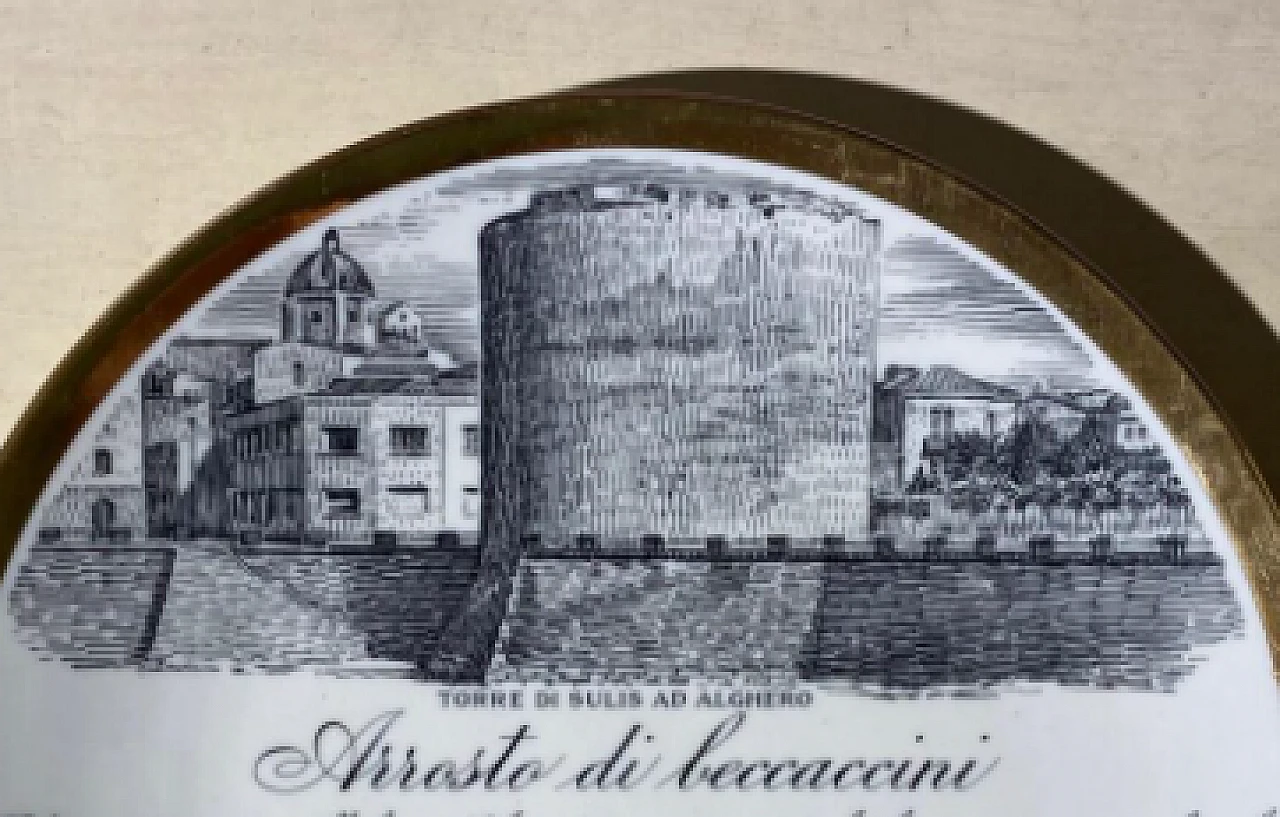 Porcelain & gold plate with recipe & tower of Alghero by Fornasetti 1