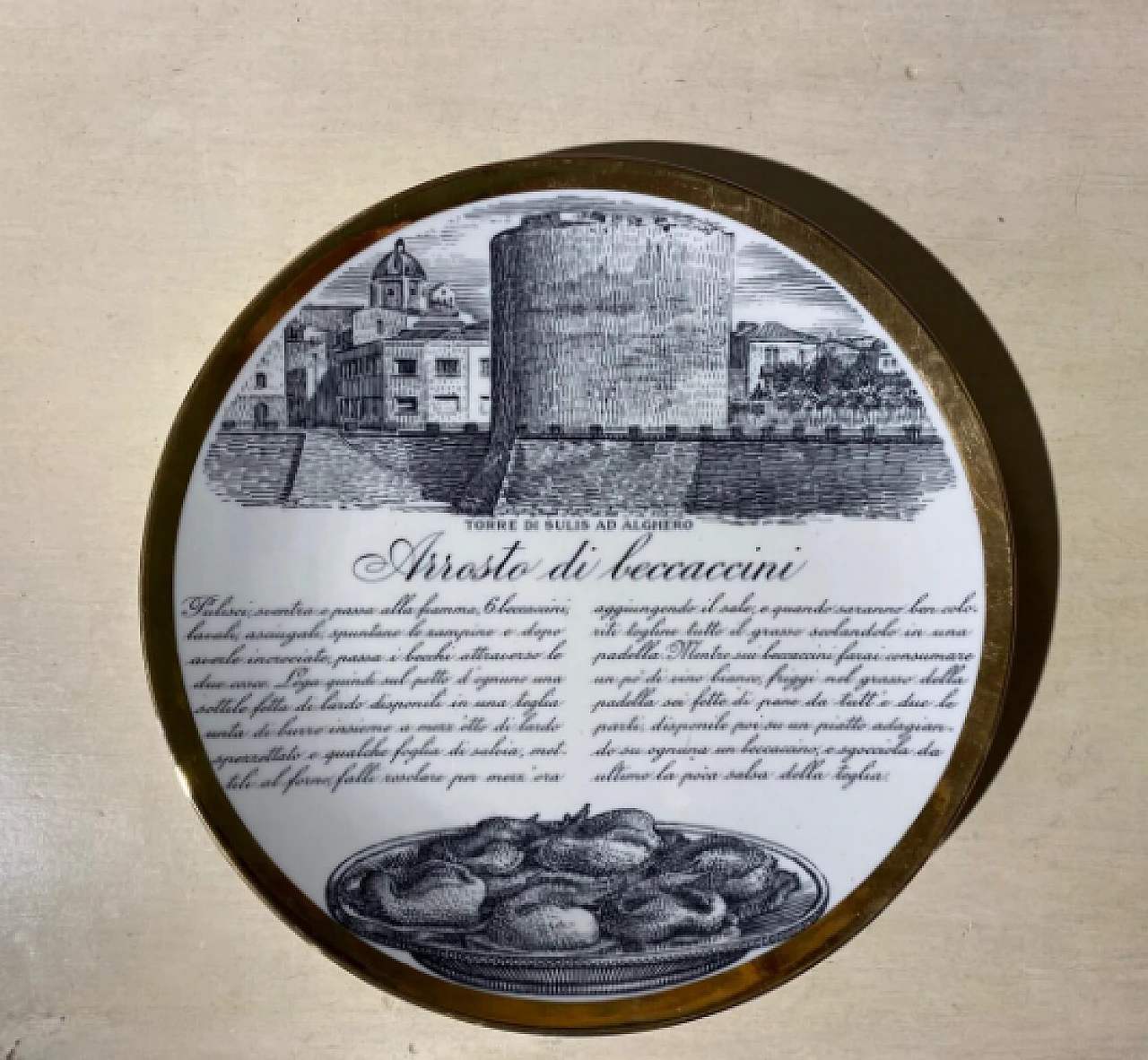 Porcelain & gold plate with recipe & tower of Alghero by Fornasetti 2