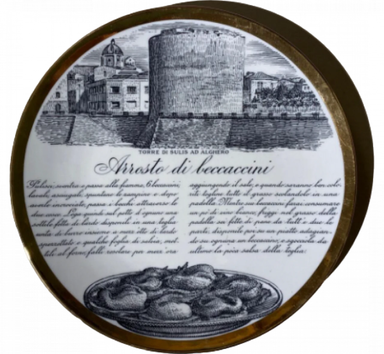 Porcelain & gold plate with recipe & tower of Alghero by Fornasetti 4