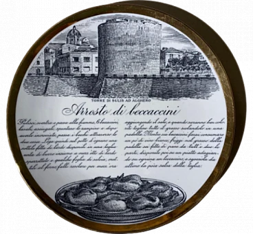 Porcelain & gold plate with recipe & tower of Alghero by Fornasetti