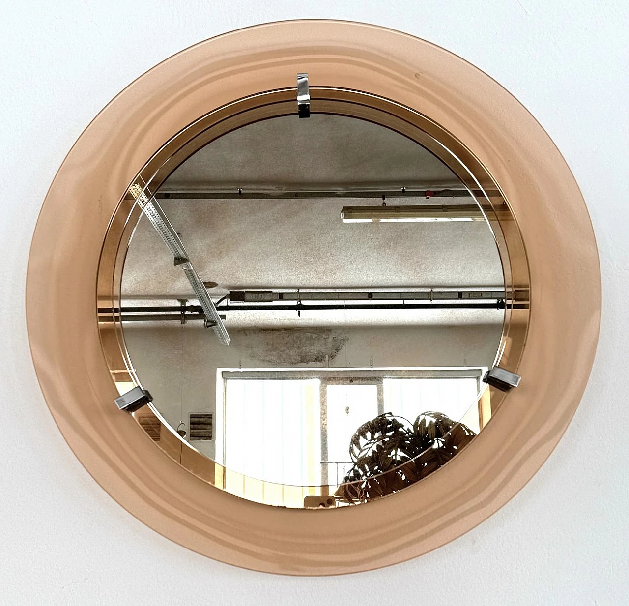 Round rose glass wall mirror by Cristal Art, 1970s 1