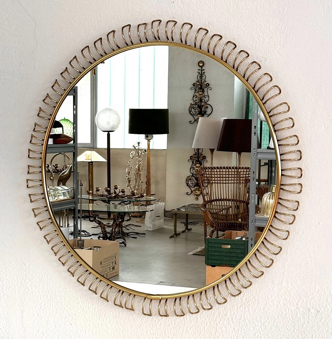 Large Mid-Century Round Sunburst Wall Mirror with Golden Metal Loop Frame, 1970s 7