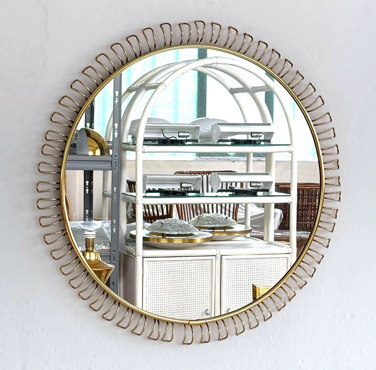 Large Mid-Century Round Sunburst Wall Mirror with Golden Metal Loop Frame, 1970s 8