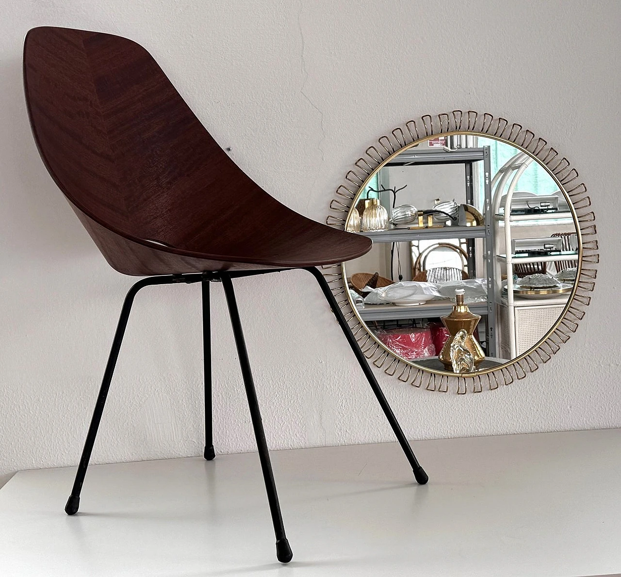 Large Mid-Century Round Sunburst Wall Mirror with Golden Metal Loop Frame, 1970s 9