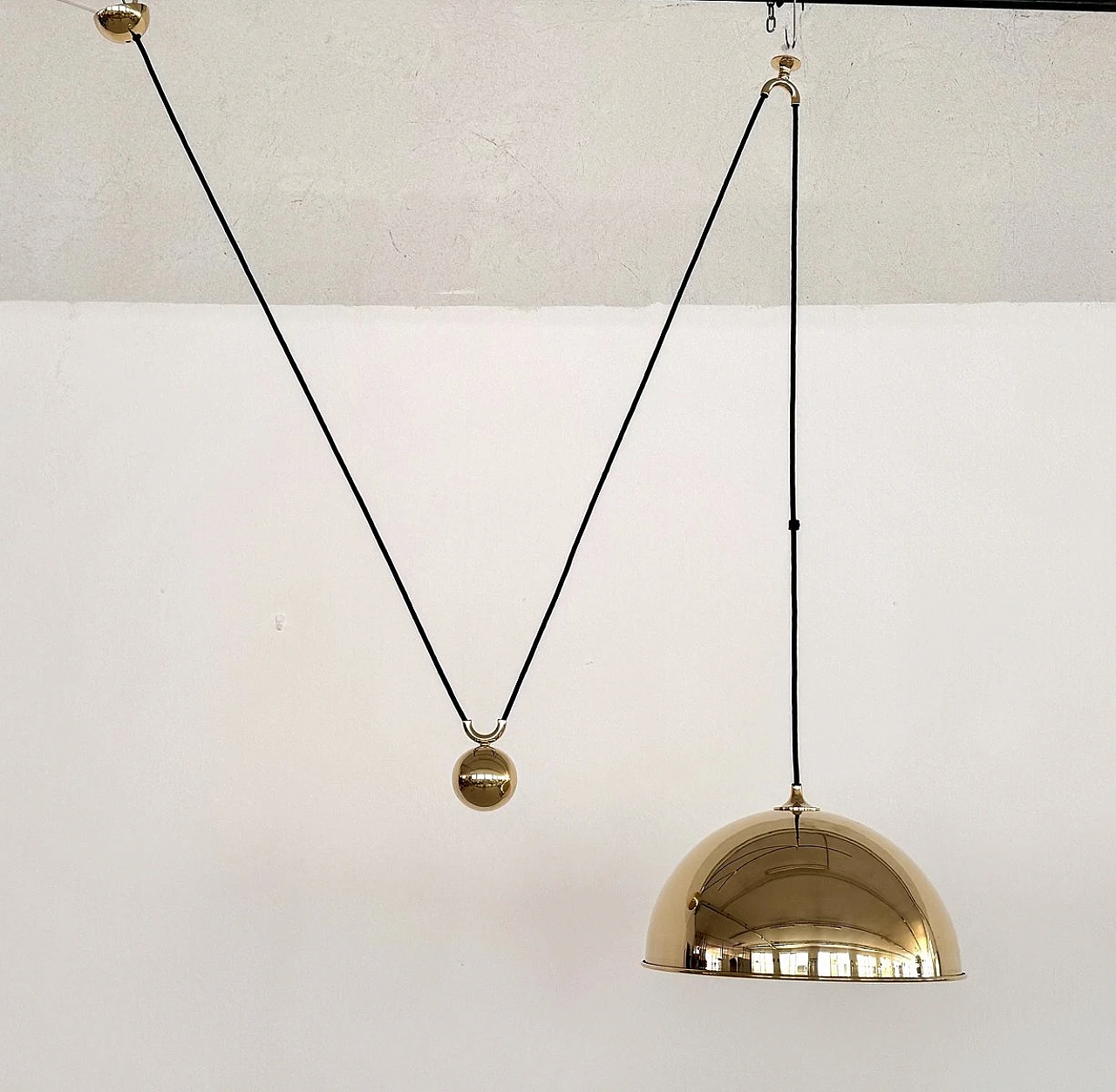 Vintage Adjustable Dome Counterweight Brass Pendant Light by Florian Schulz, 1970s 1