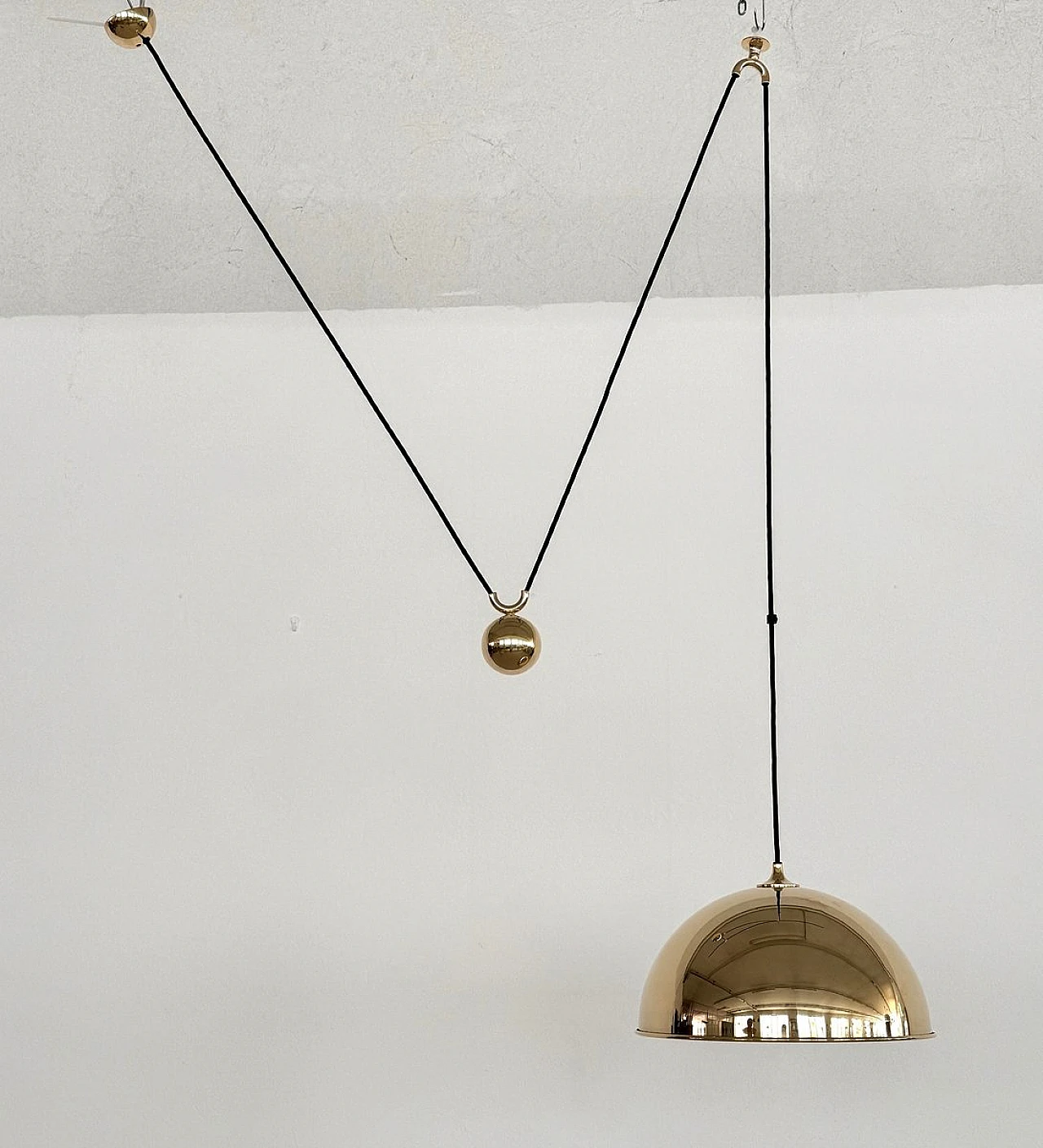 Vintage Adjustable Dome Counterweight Brass Pendant Light by Florian Schulz, 1970s 2