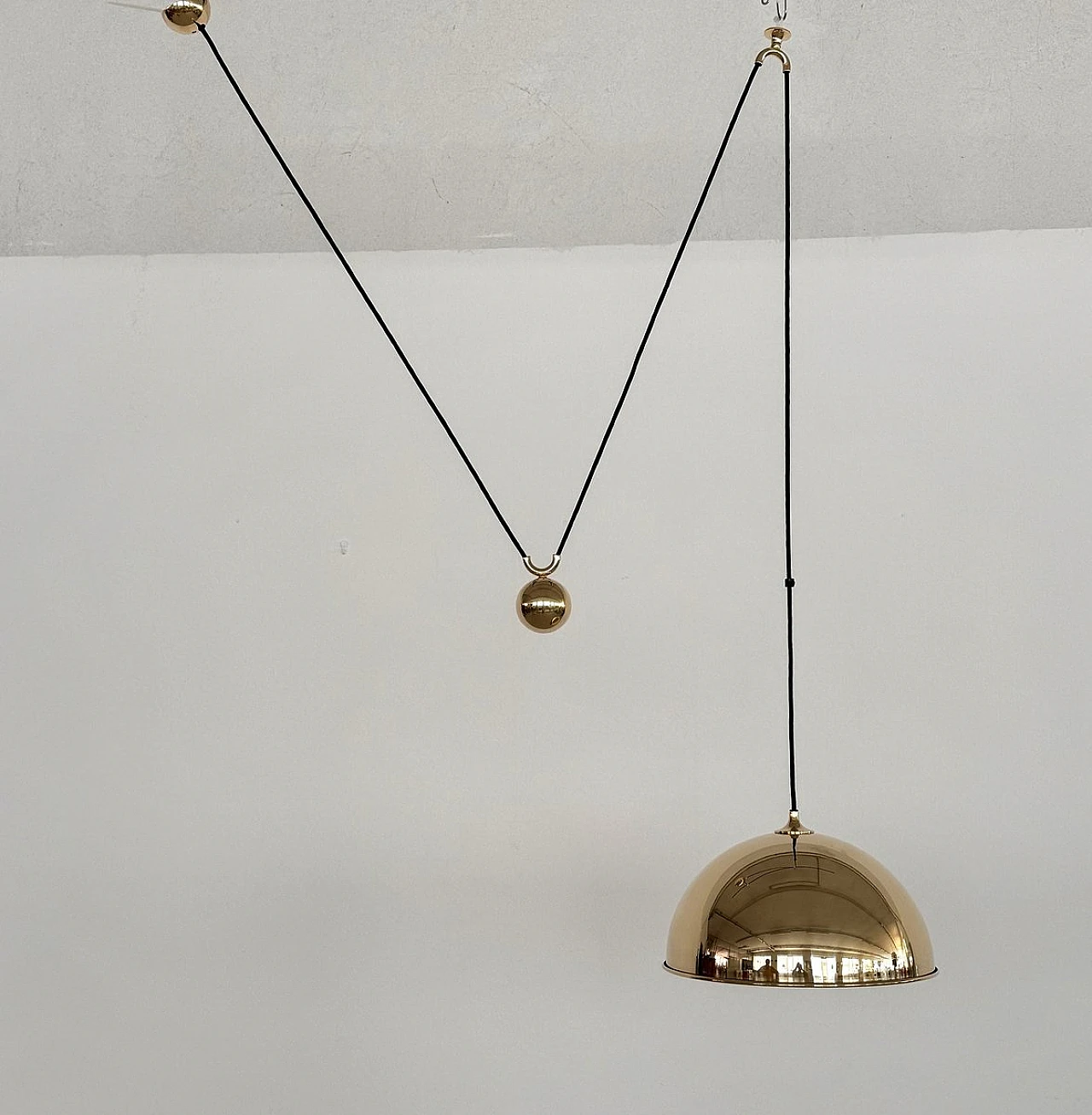 Vintage Adjustable Dome Counterweight Brass Pendant Light by Florian Schulz, 1970s 3