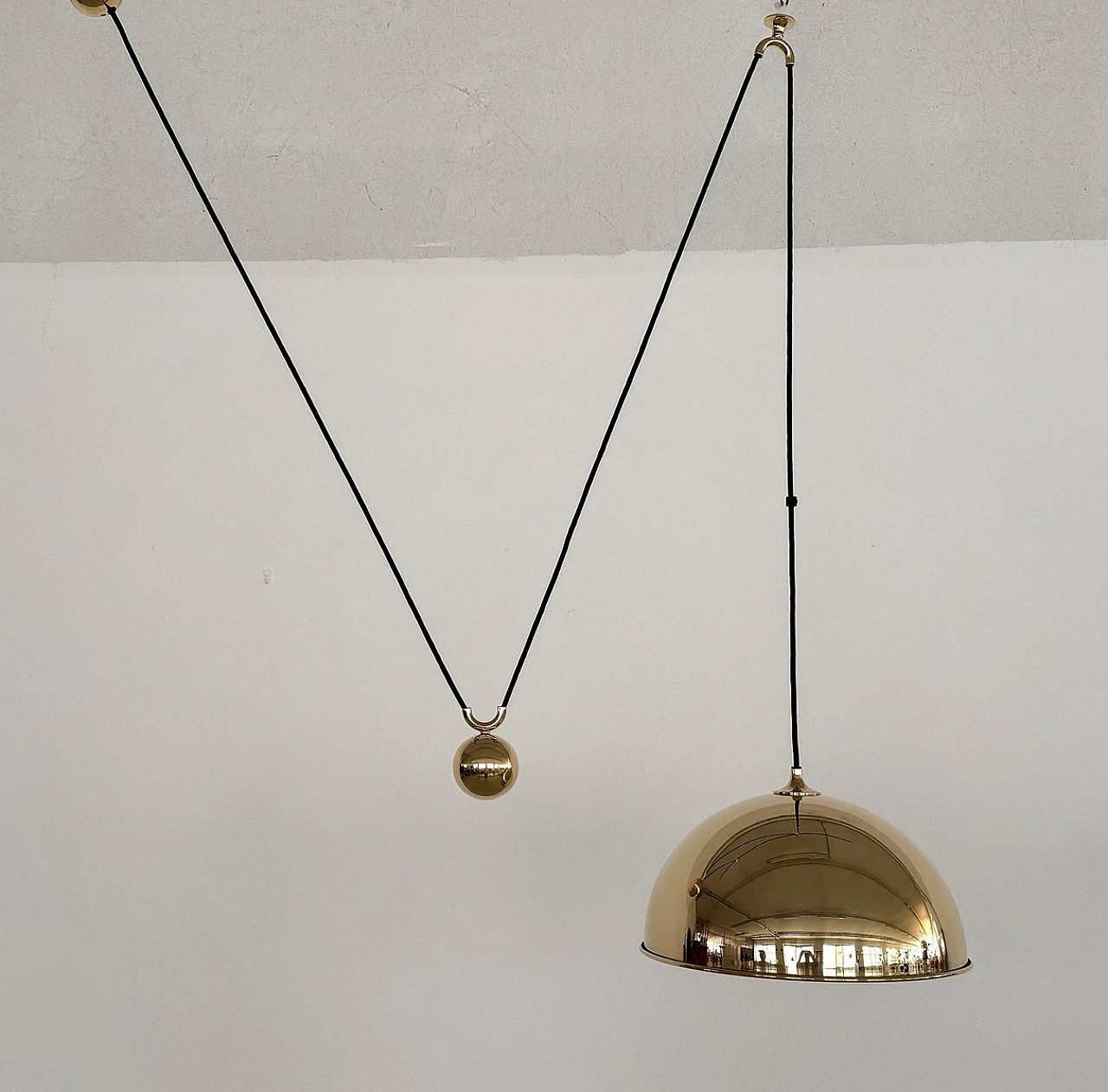 Vintage Adjustable Dome Counterweight Brass Pendant Light by Florian Schulz, 1970s 10