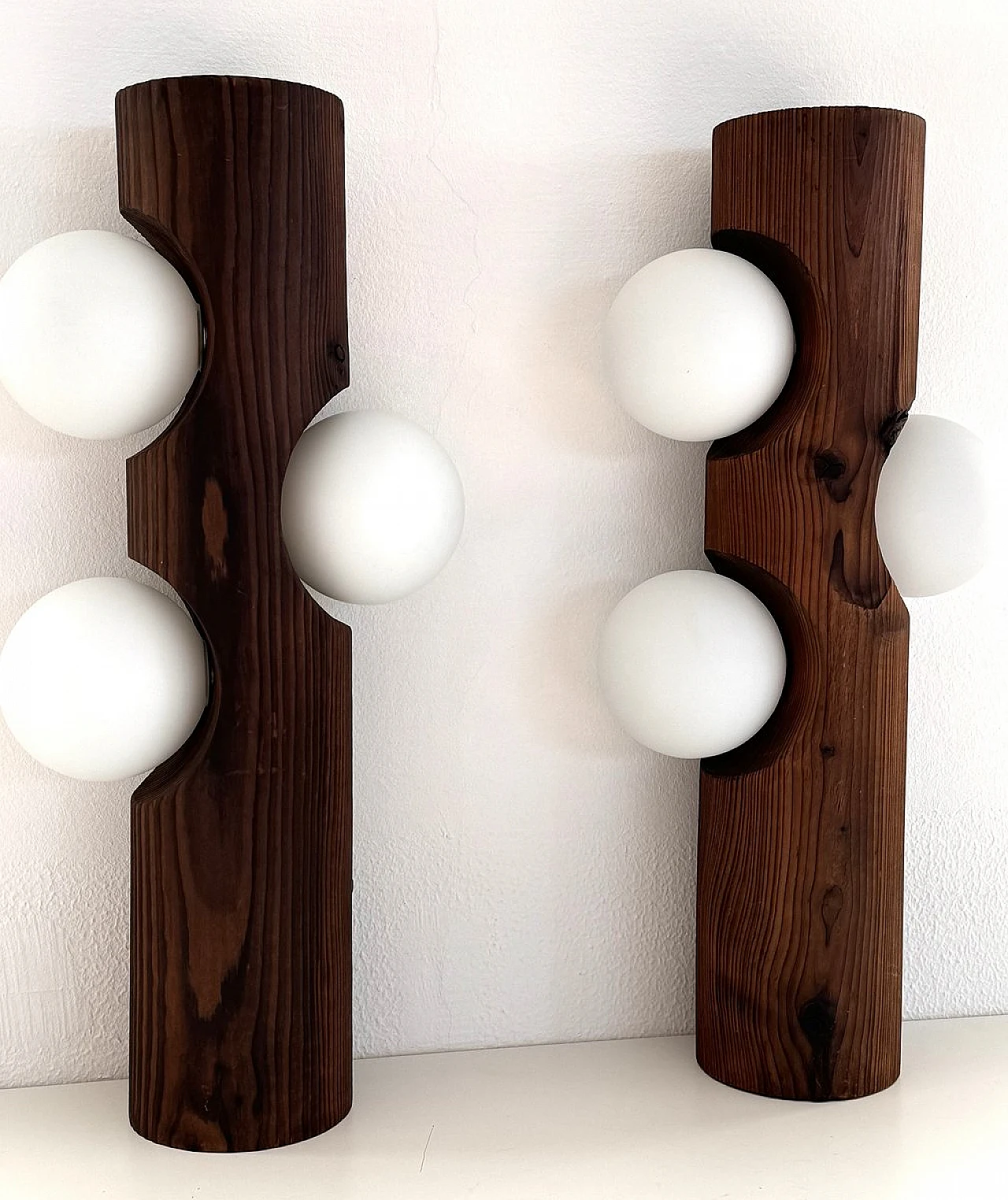 Large Mid-Century Pine Tree Trunk and Glass Sphere Wall Sconces, 1970s, Set of 2 1