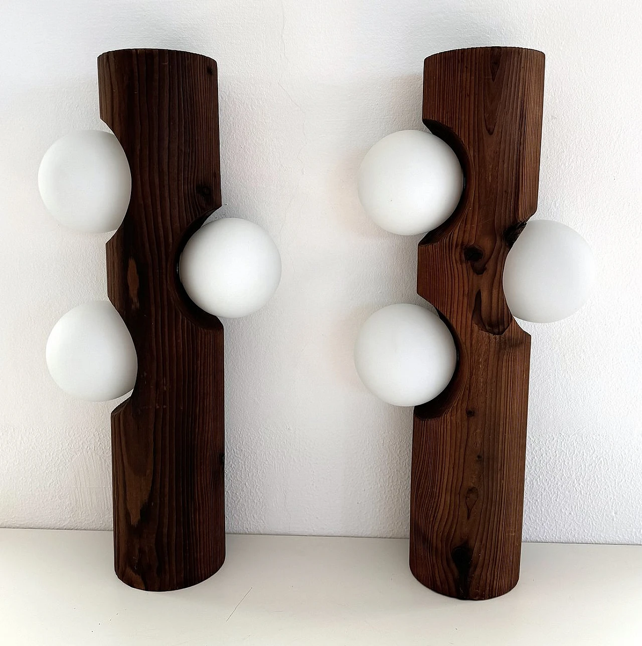 Large Mid-Century Pine Tree Trunk and Glass Sphere Wall Sconces, 1970s, Set of 2 5