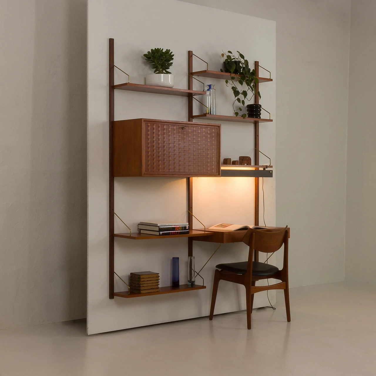 Teak wall unit with desk and lamp by P. Cadovius for Cado, 1960s 5