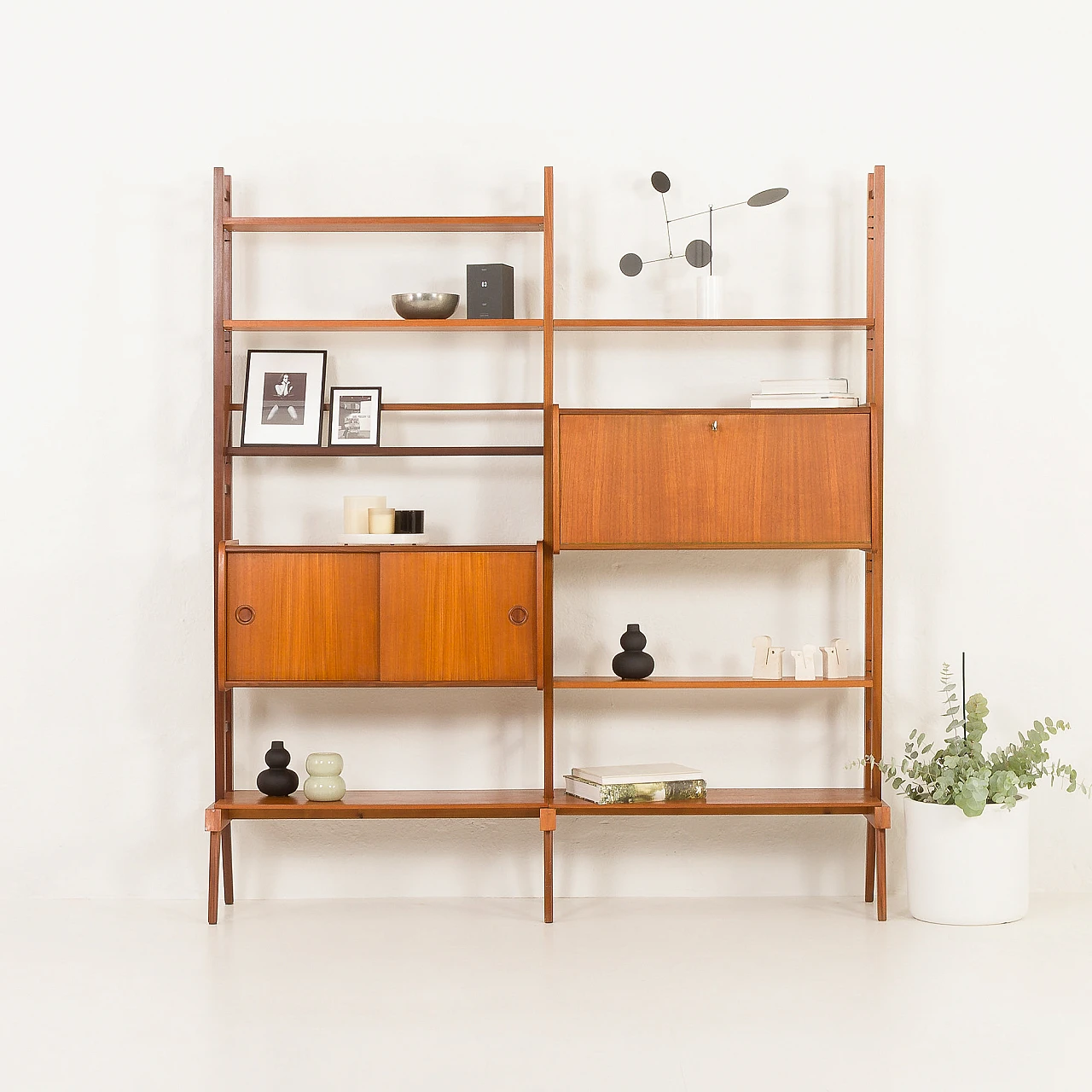 Scandinavian free standing two bay teak wall unit, 1960s 1