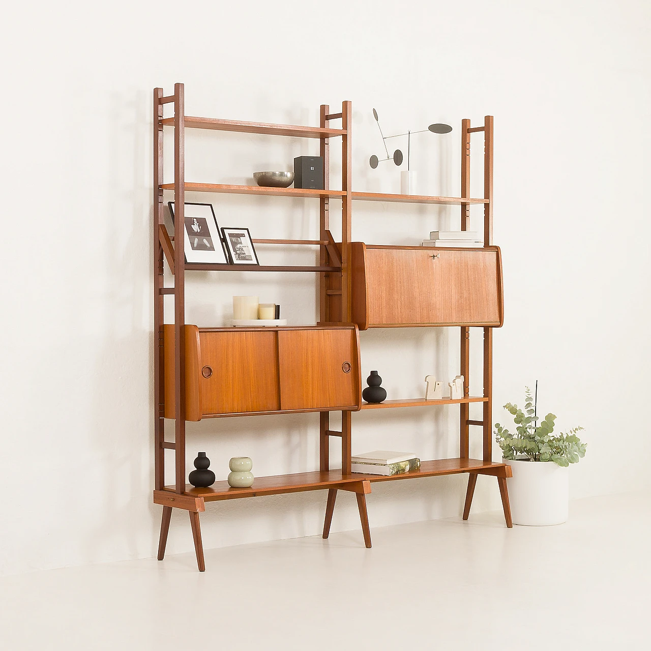 Scandinavian free standing two bay teak wall unit, 1960s 3