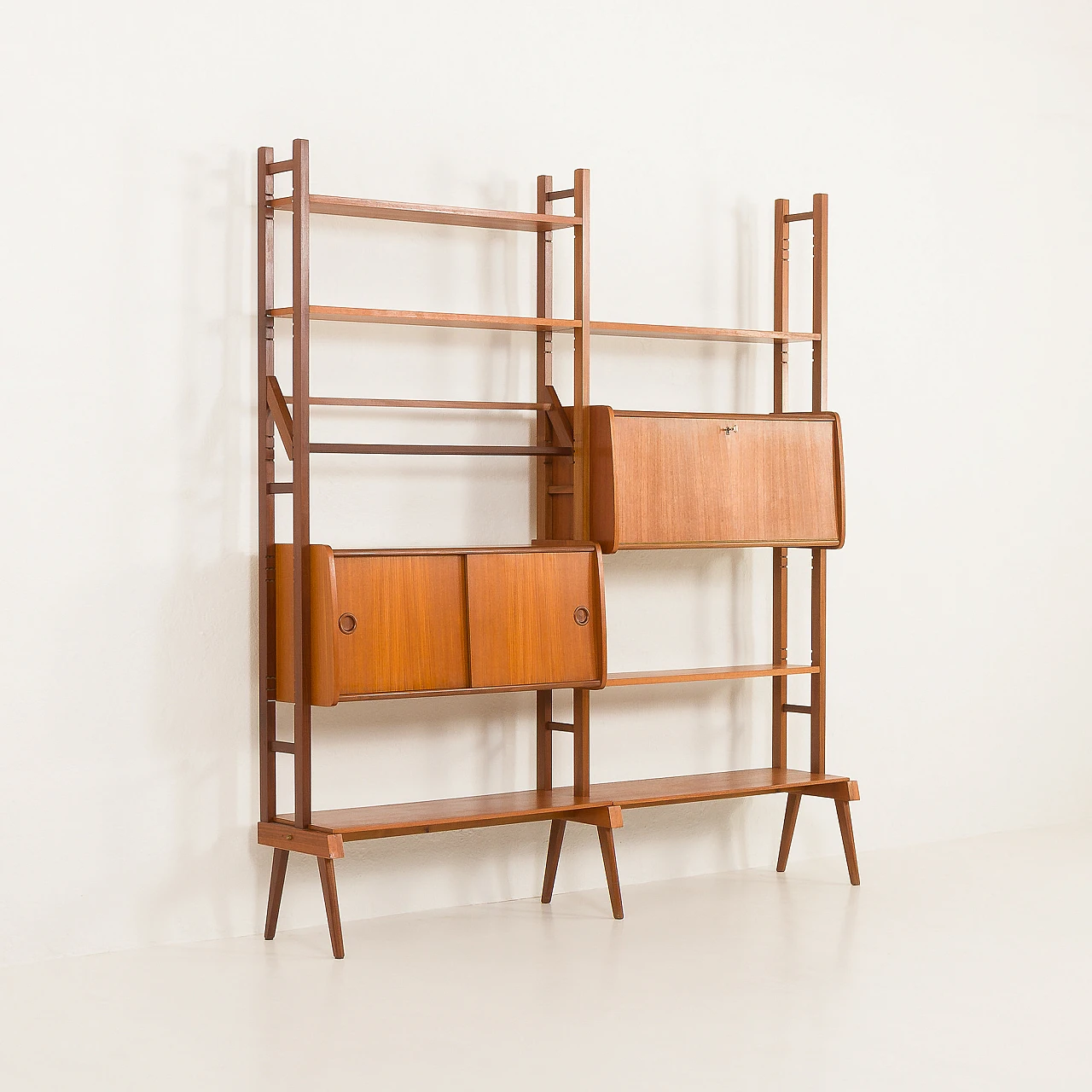 Scandinavian free standing two bay teak wall unit, 1960s 4