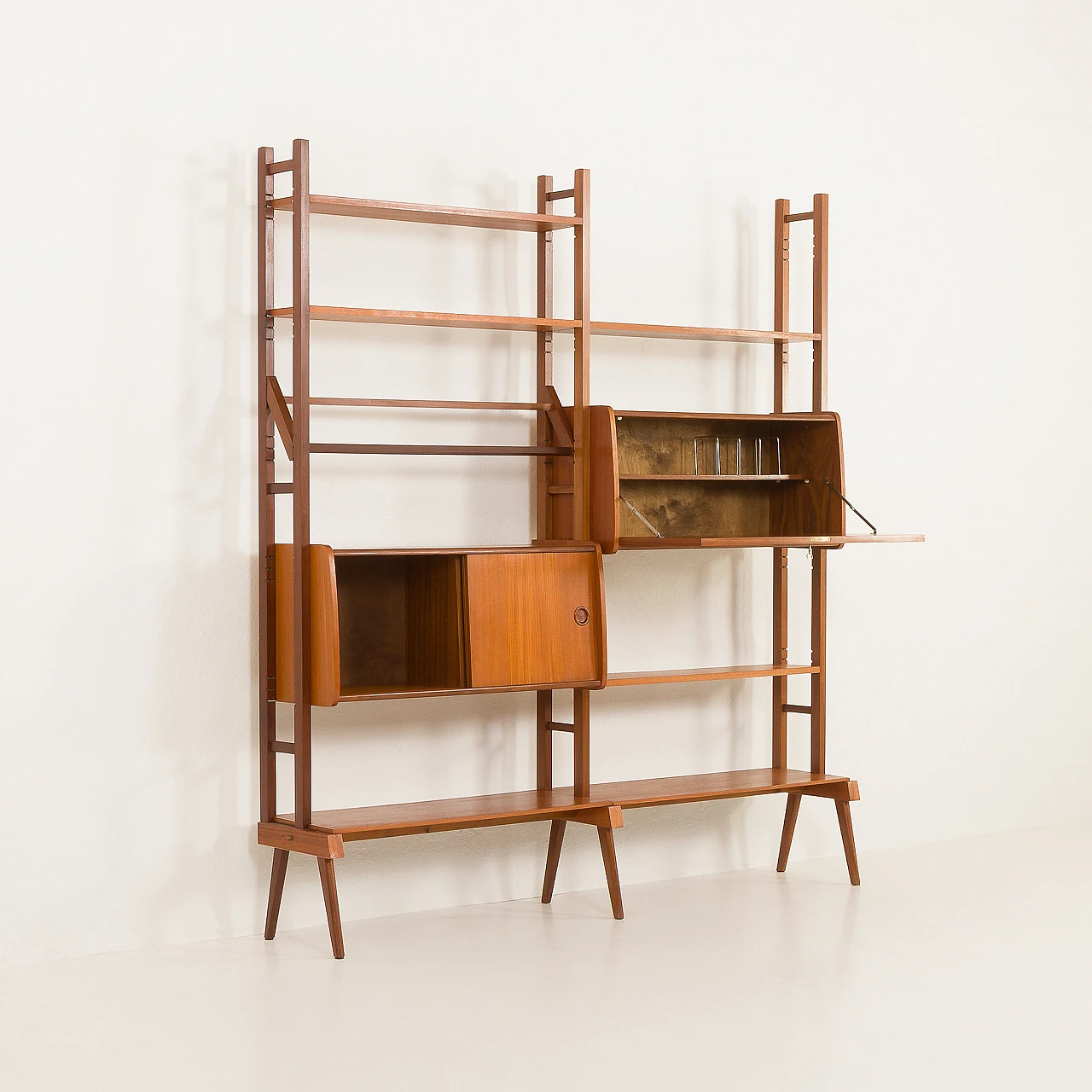 Scandinavian free standing two bay teak wall unit, 1960s 5