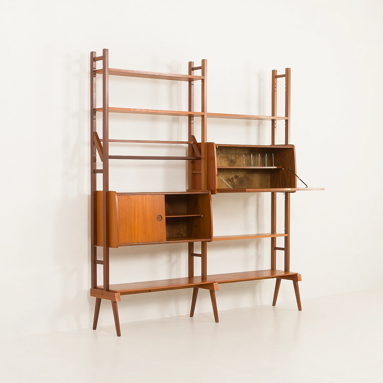 Scandinavian free standing two bay teak wall unit, 1960s 6