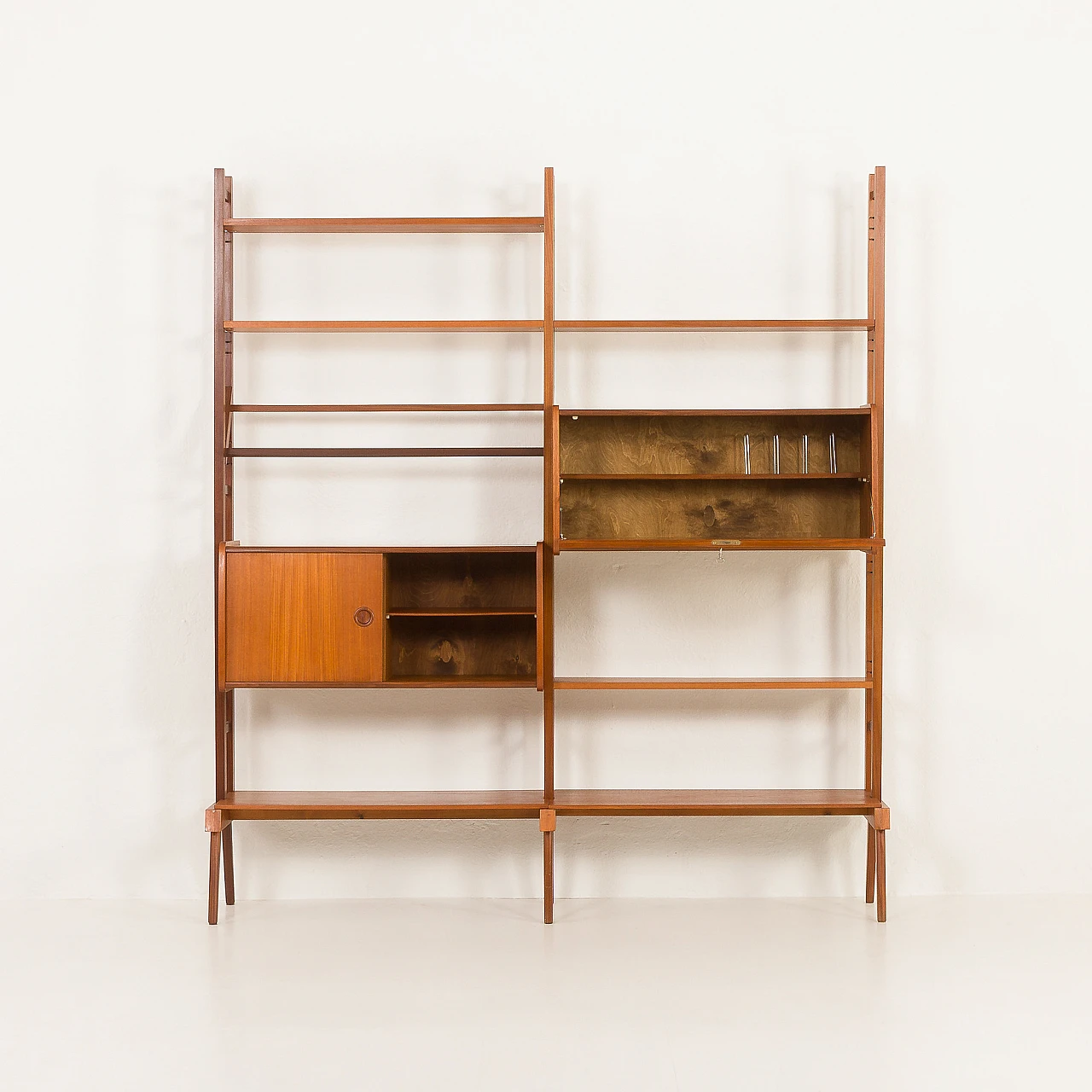 Scandinavian free standing two bay teak wall unit, 1960s 7