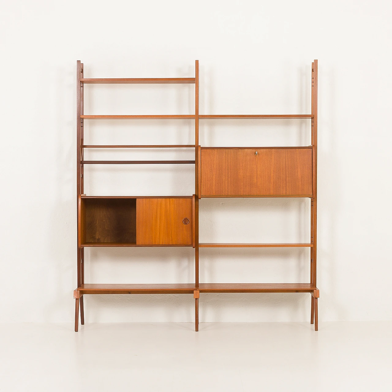 Scandinavian free standing two bay teak wall unit, 1960s 8