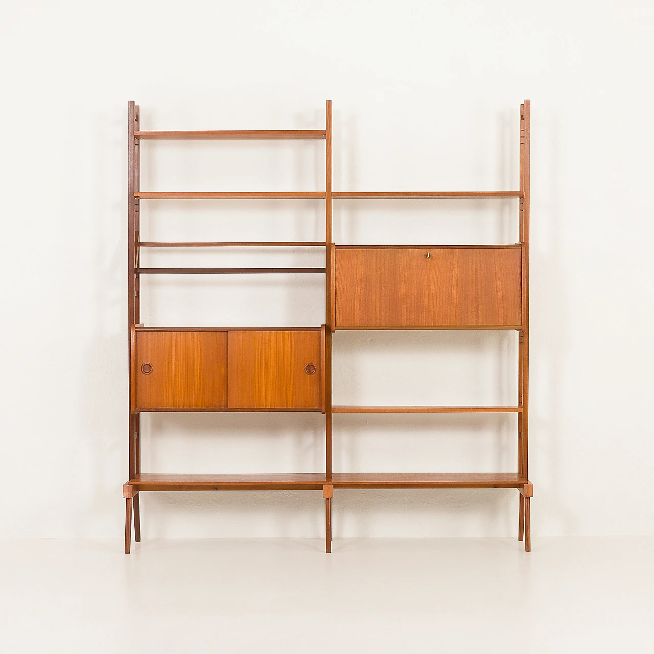 Scandinavian free standing two bay teak wall unit, 1960s 9