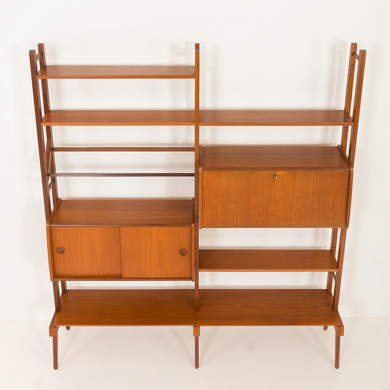 Scandinavian free standing two bay teak wall unit, 1960s 10