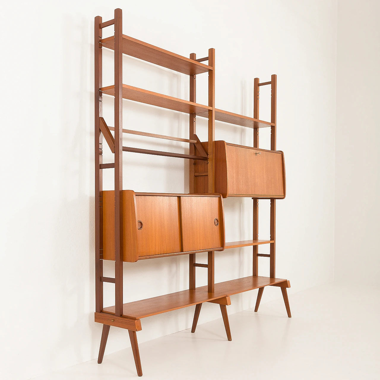 Scandinavian free standing two bay teak wall unit, 1960s 11