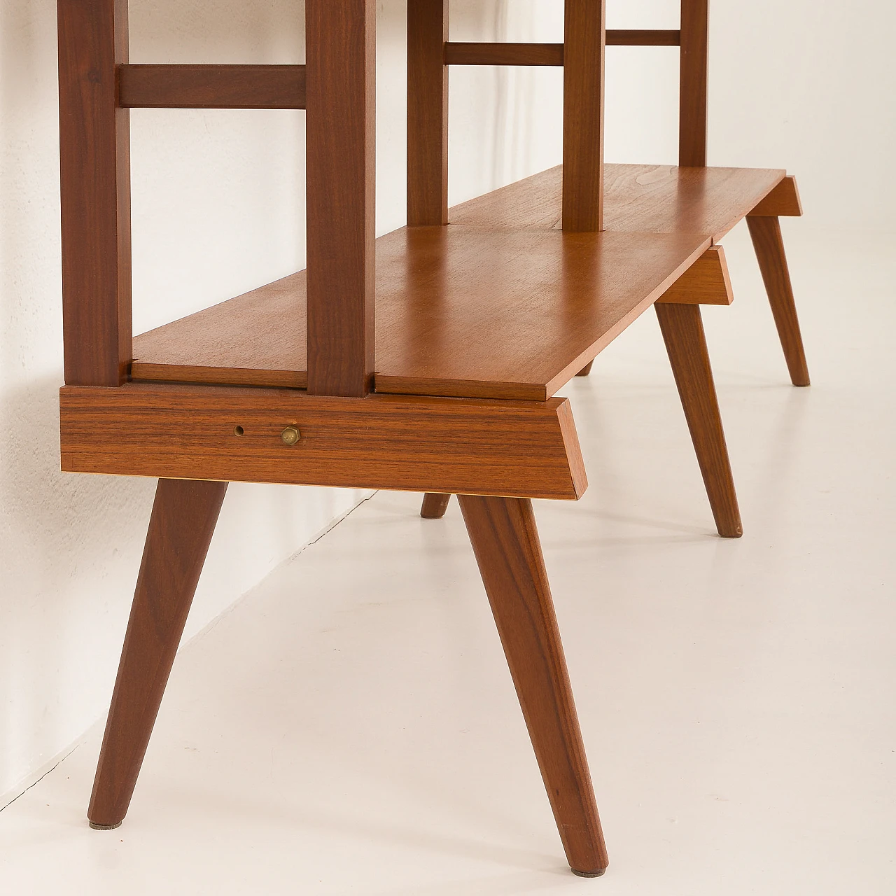 Scandinavian free standing two bay teak wall unit, 1960s 12