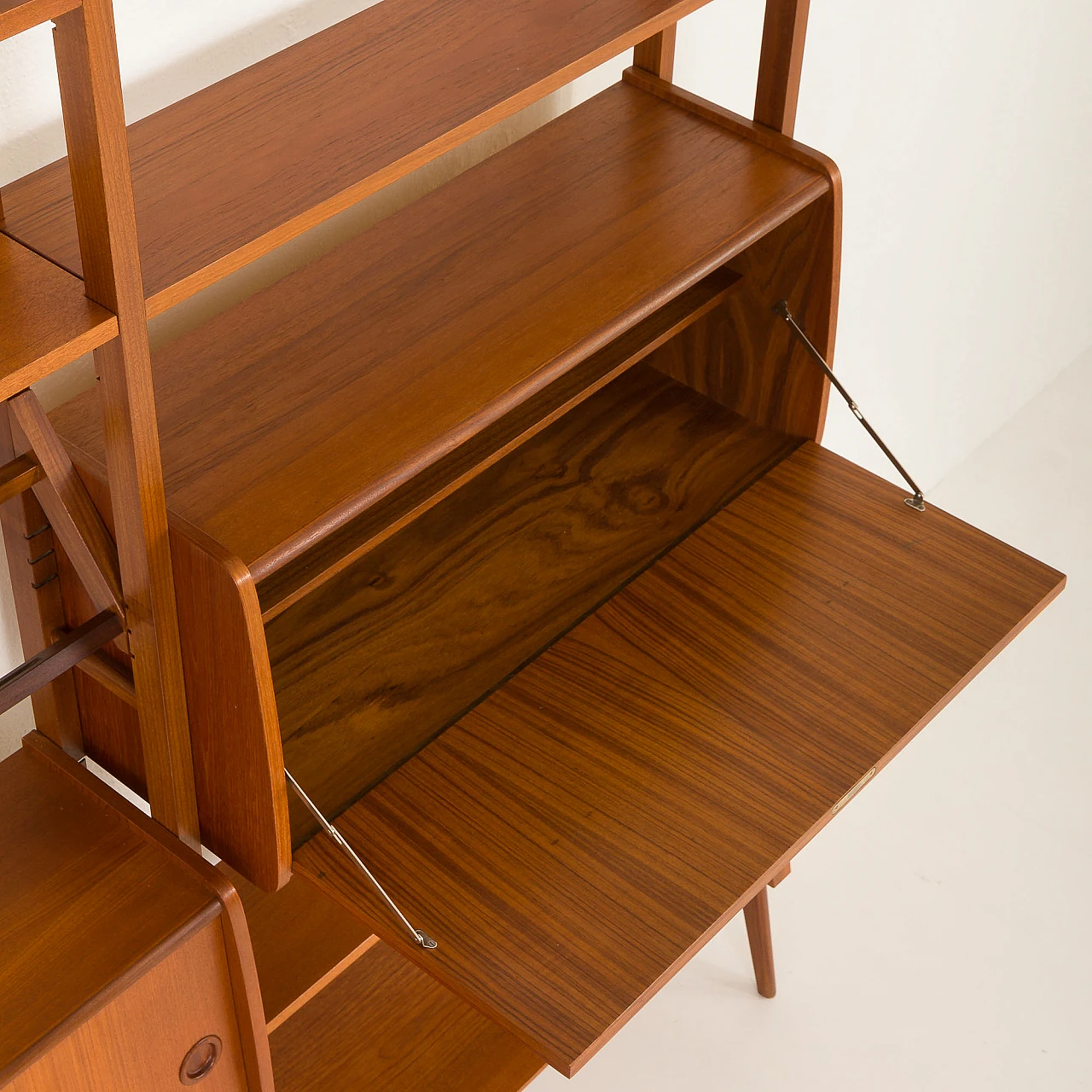 Scandinavian free standing two bay teak wall unit, 1960s 18