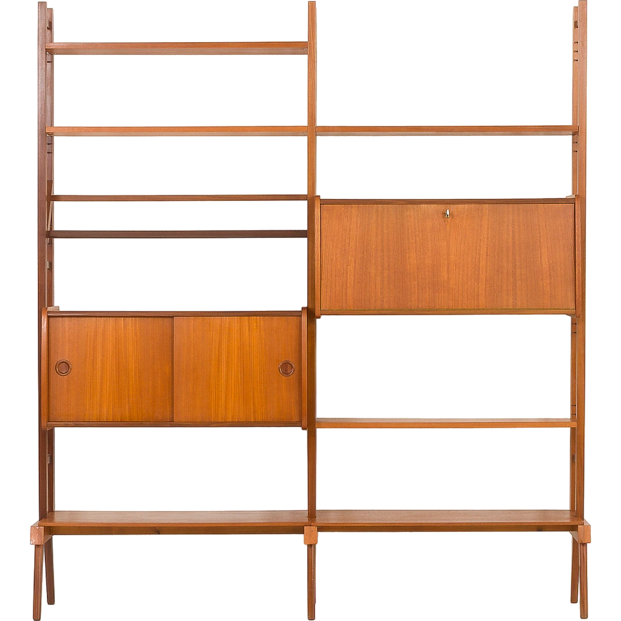 Scandinavian free standing two bay teak wall unit, 1960s 24