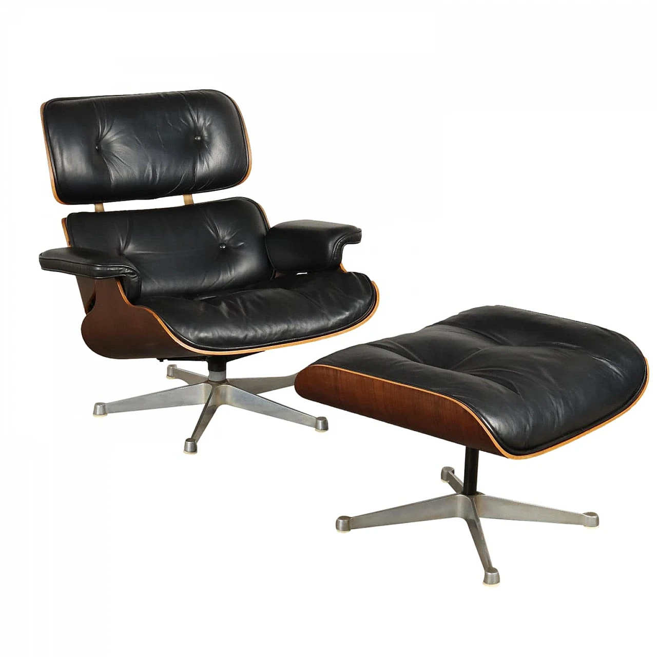 Swivel armchair with footrest in leather in Charles Eames style, 1980s 1