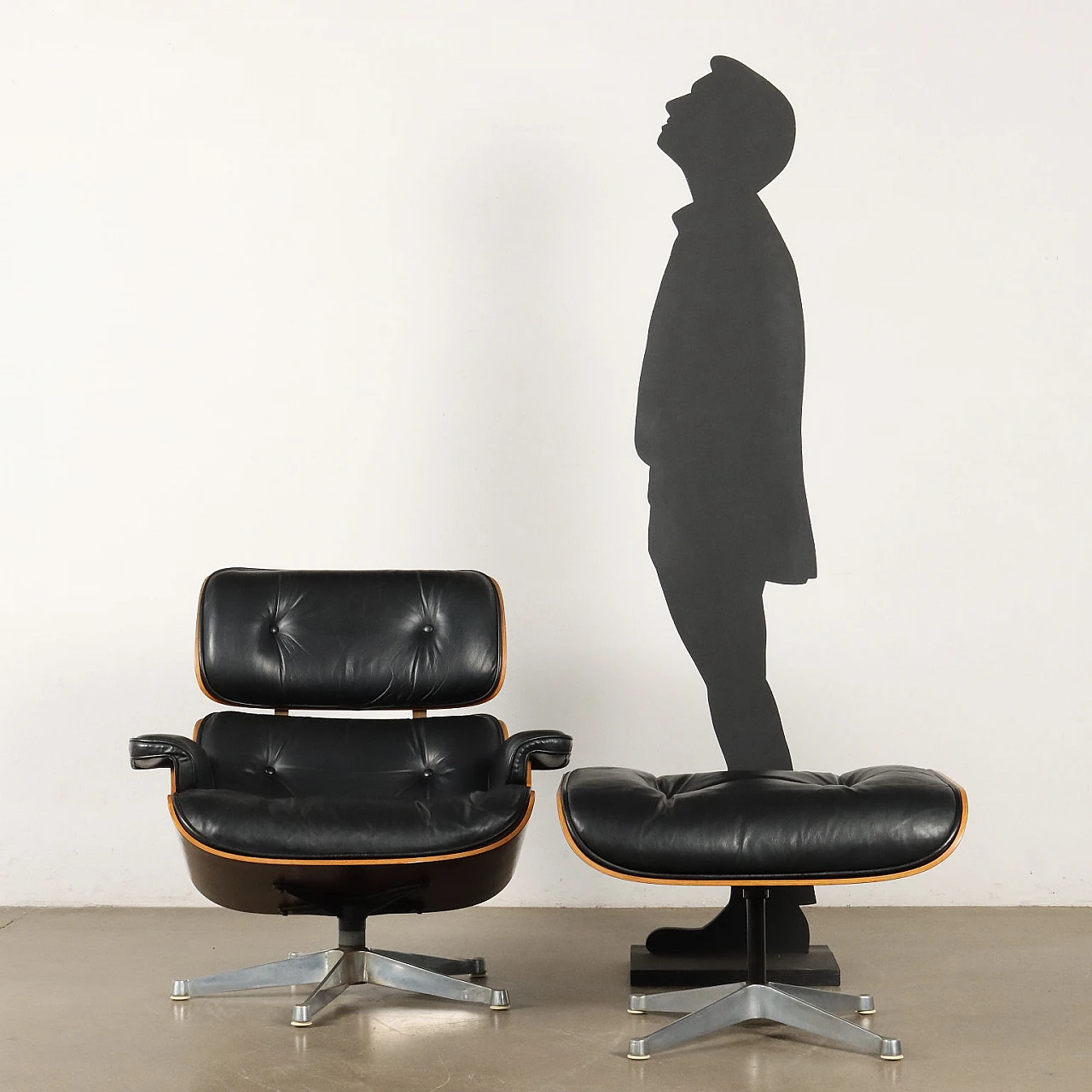 Swivel armchair with footrest in leather in Charles Eames style, 1980s 2